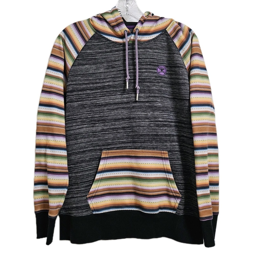 Hooey‎ Hoodie Mens Med Gray Multi Striped Raglan Sleeve Logo Pullover Sweatshirt
